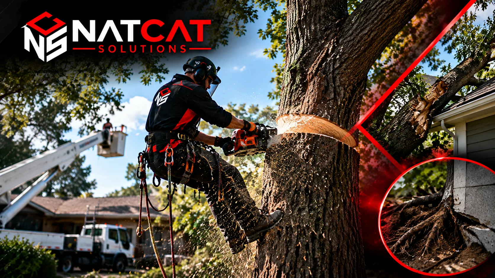 Certified tree removal experts safely dismantling a hazardous tree near a property